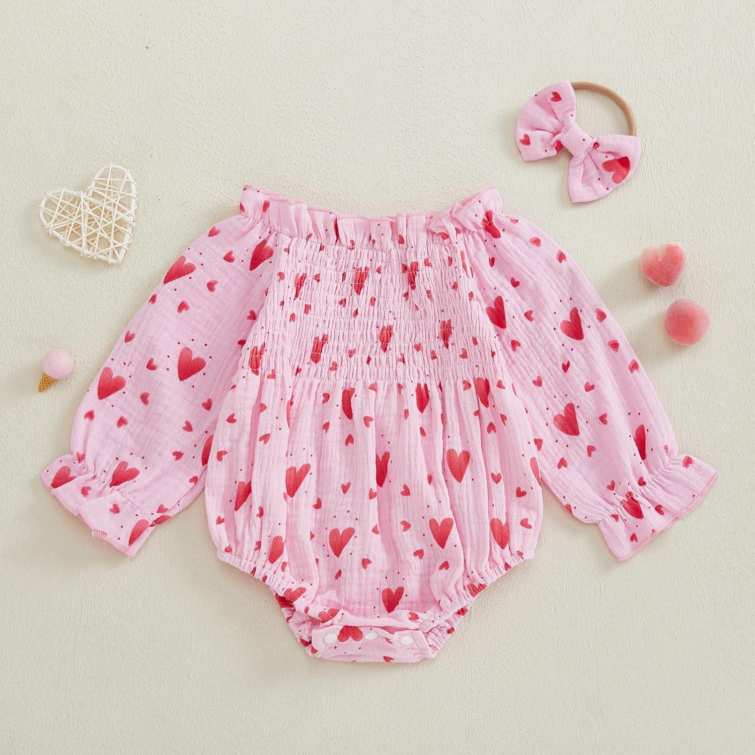 imageKuriozud Baby Girl Valentines Day OutfitsHeart Onesie Long Sleeve Ruffle Romper Bow Headband Newborn Infant ClothesPink Heart Dot