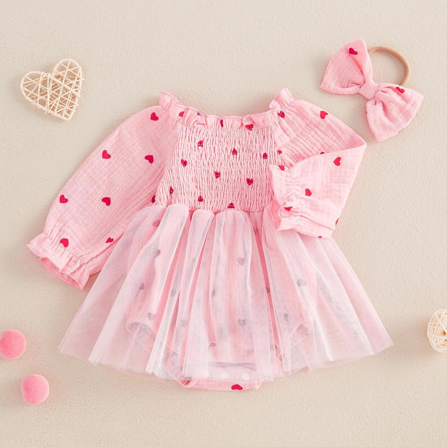 imageKuriozud Baby Girl Valentines Day OutfitsHeart Onesie Long Sleeve Ruffle Romper Bow Headband Newborn Infant ClothesPink Heart Mesh