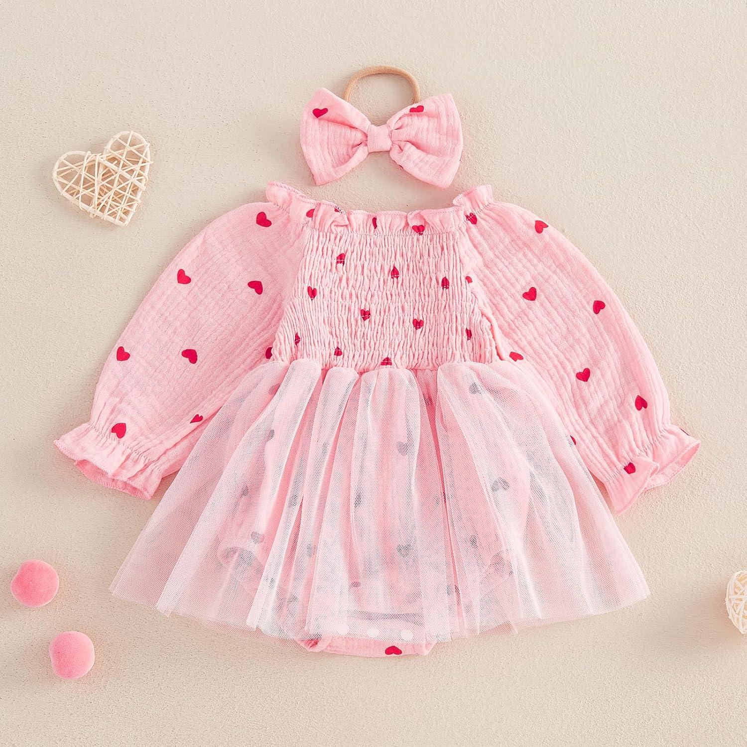 imageKuriozud Baby Girl Valentines Day OutfitsHeart Onesie Long Sleeve Ruffle Romper Bow Headband Newborn Infant ClothesPink Heart Mesh