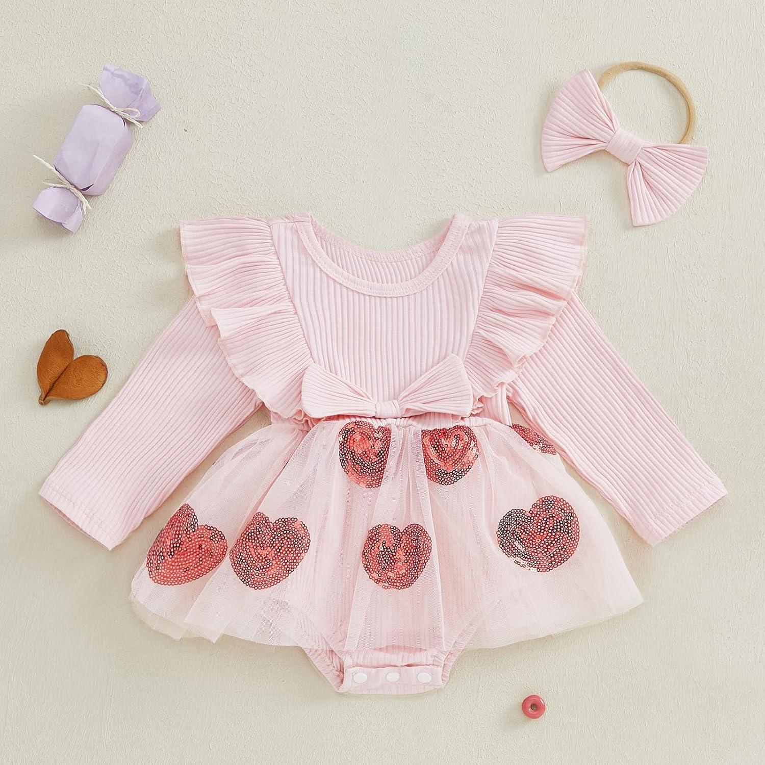 imageKuriozud Baby Girl Valentines Day OutfitsHeart Onesie Long Sleeve Ruffle Romper Bow Headband Newborn Infant ClothesPink Heart a