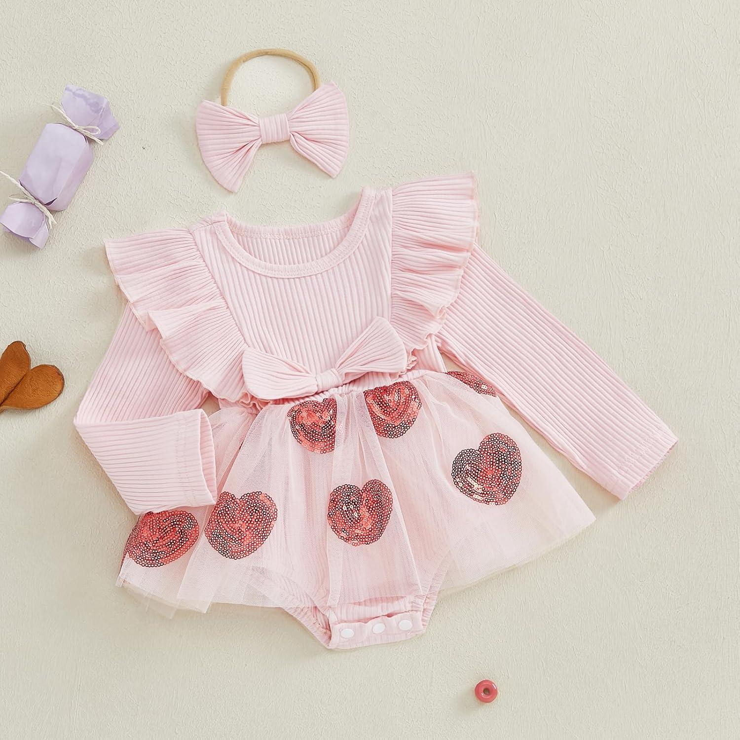 imageKuriozud Baby Girl Valentines Day OutfitsHeart Onesie Long Sleeve Ruffle Romper Bow Headband Newborn Infant ClothesPink Heart a