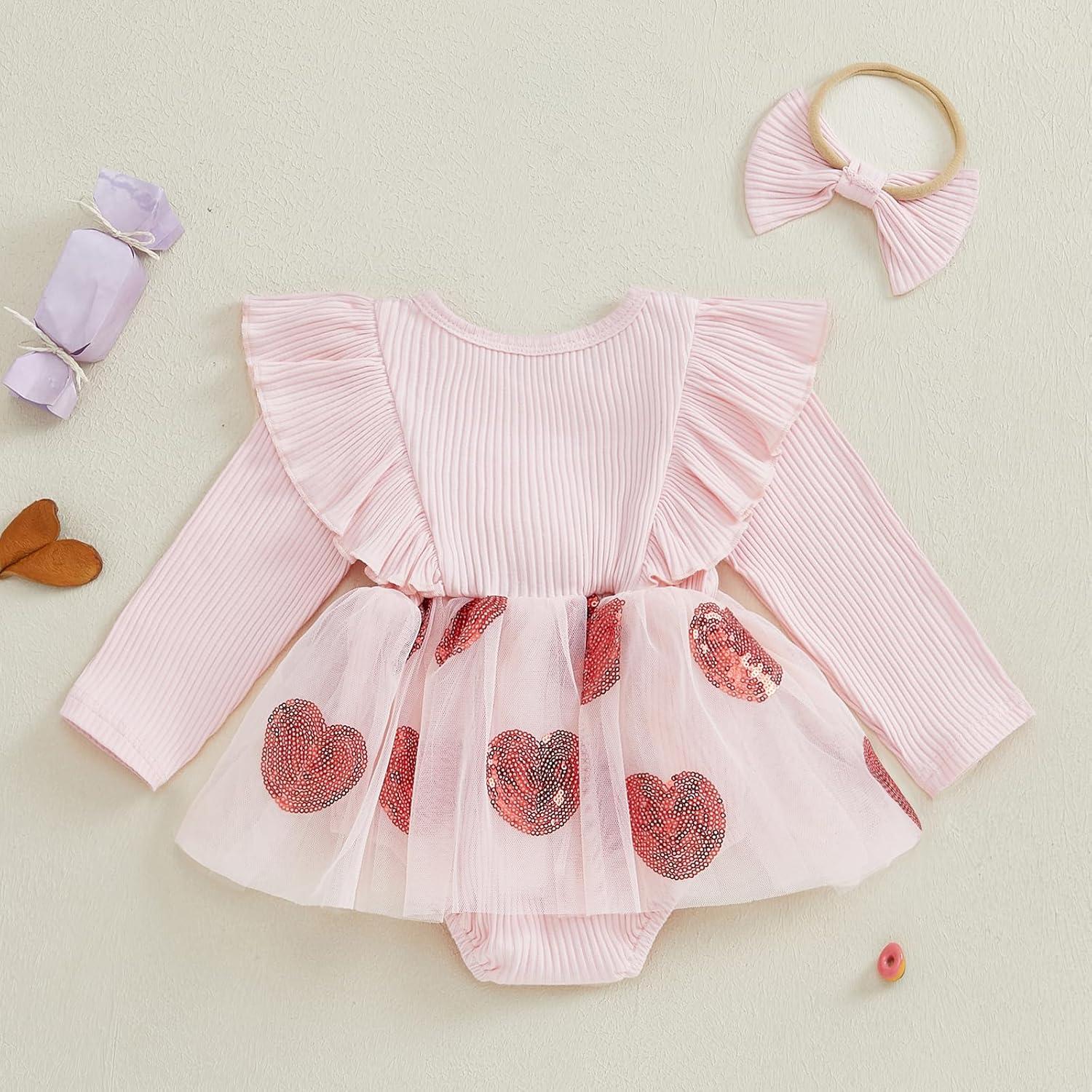 imageKuriozud Baby Girl Valentines Day OutfitsHeart Onesie Long Sleeve Ruffle Romper Bow Headband Newborn Infant ClothesPink Heart a