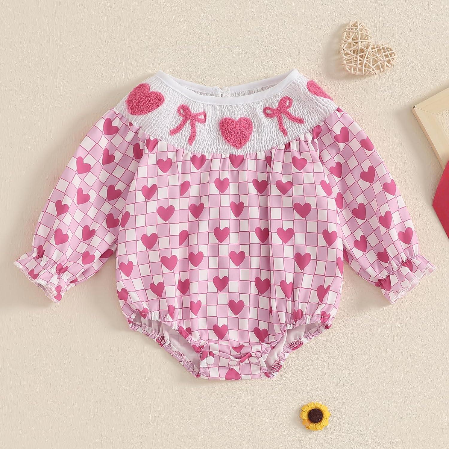 imageKuriozud Baby Girl Valentines Day OutfitsHeart Onesie Long Sleeve Ruffle Romper Bow Headband Newborn Infant ClothesPink Smocked Romper Without Headband a