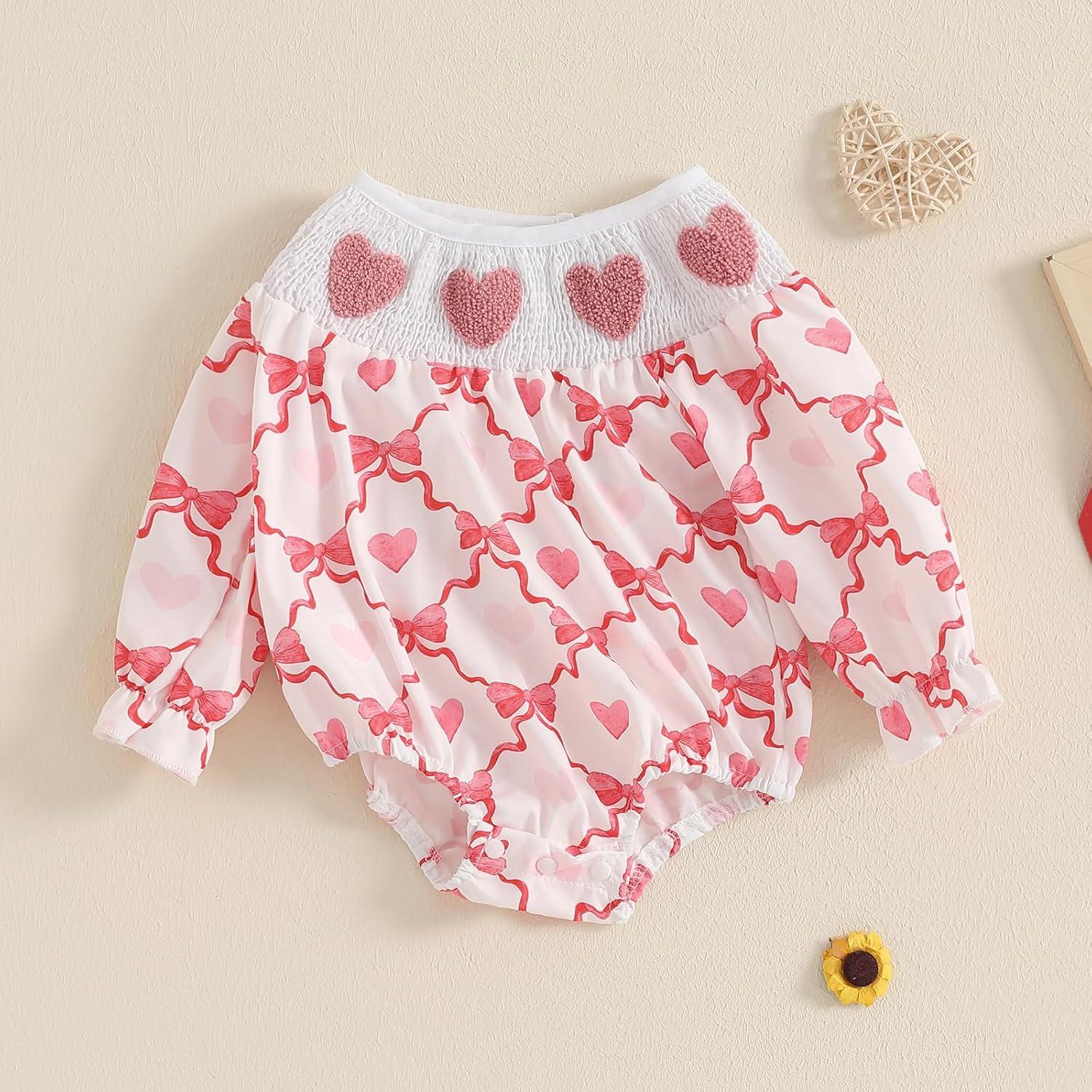 imageKuriozud Baby Girl Valentines Day OutfitsHeart Onesie Long Sleeve Ruffle Romper Bow Headband Newborn Infant ClothesPink Smocked Romper Without Headband