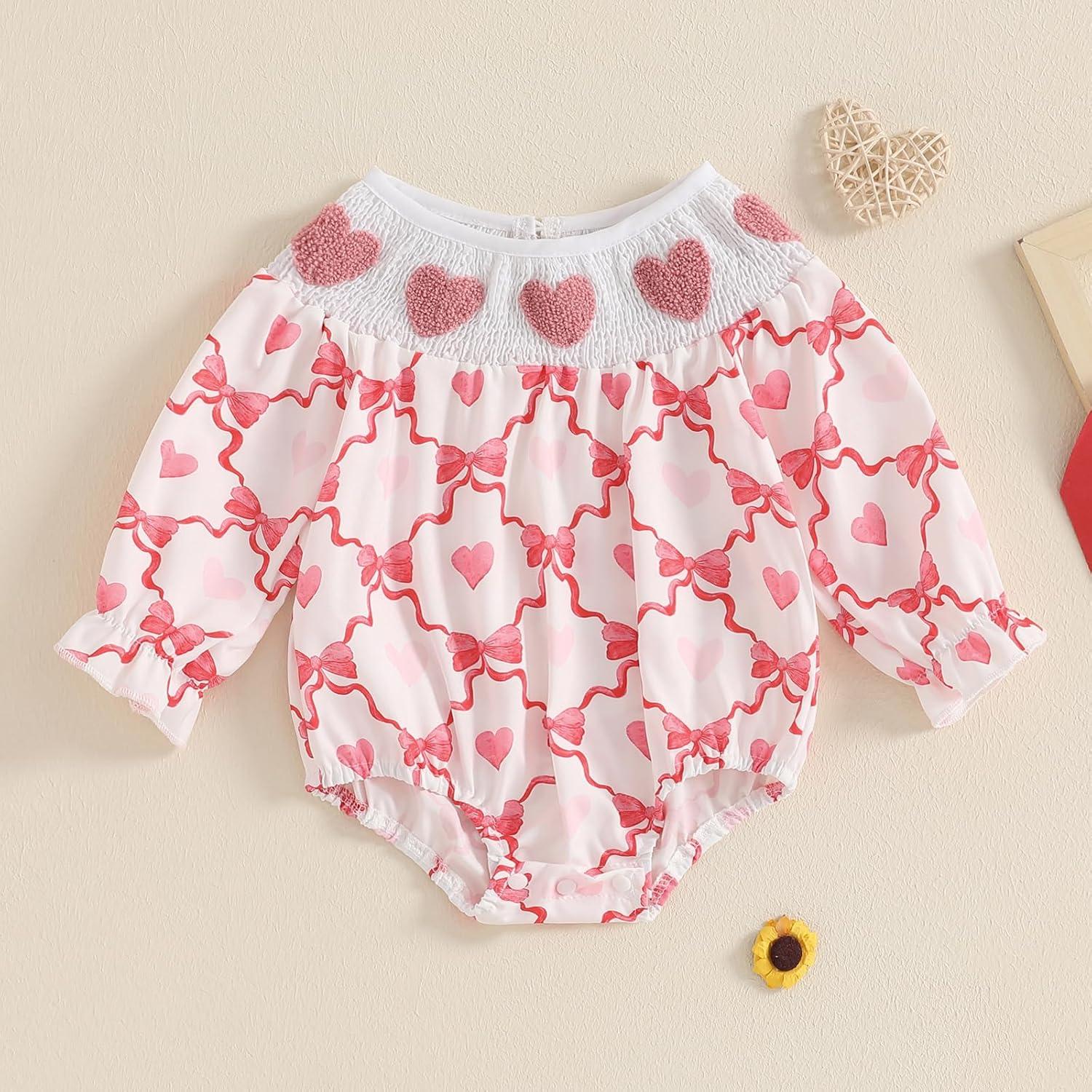 imageKuriozud Baby Girl Valentines Day OutfitsHeart Onesie Long Sleeve Ruffle Romper Bow Headband Newborn Infant ClothesPink Smocked Romper Without Headband