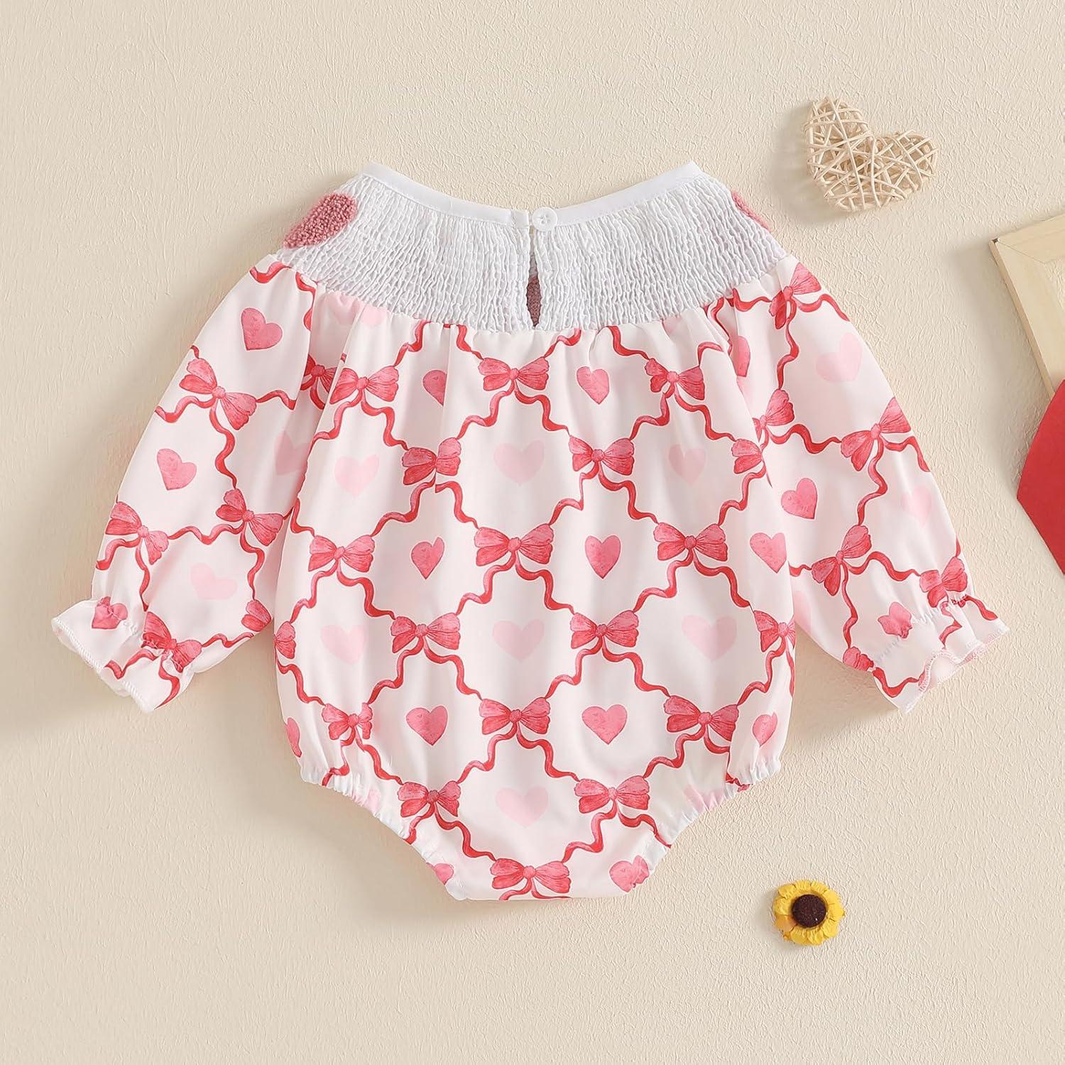 imageKuriozud Baby Girl Valentines Day OutfitsHeart Onesie Long Sleeve Ruffle Romper Bow Headband Newborn Infant ClothesPink Smocked Romper Without Headband
