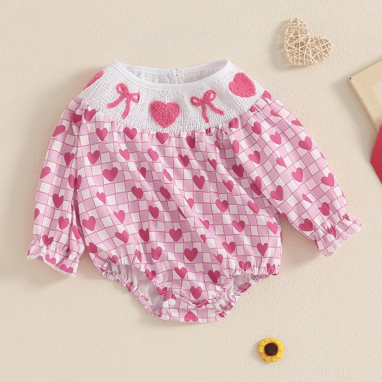 imageKuriozud Baby Girl Valentines Day OutfitsHeart Onesie Long Sleeve Ruffle Romper Bow Headband Newborn Infant ClothesPink Smocked Romper Without Headband a