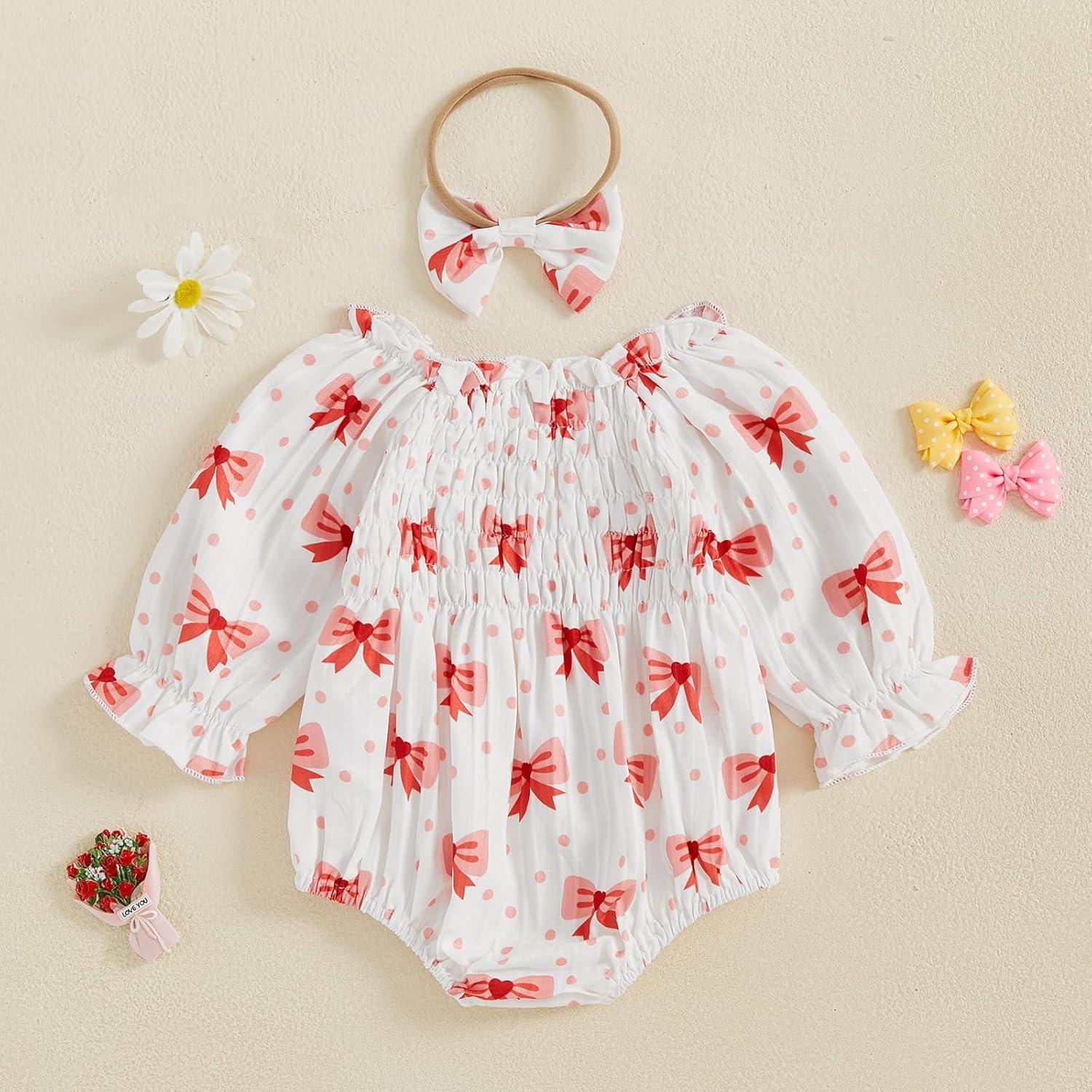 imageKuriozud Baby Girl Valentines Day OutfitsHeart Onesie Long Sleeve Ruffle Romper Bow Headband Newborn Infant ClothesWhite Bow