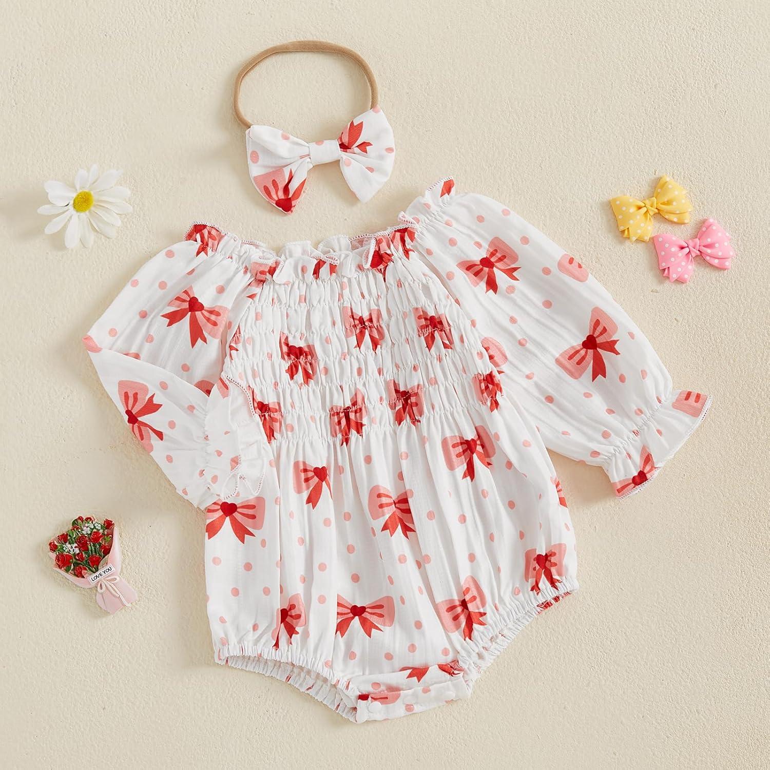 imageKuriozud Baby Girl Valentines Day OutfitsHeart Onesie Long Sleeve Ruffle Romper Bow Headband Newborn Infant ClothesWhite Bow