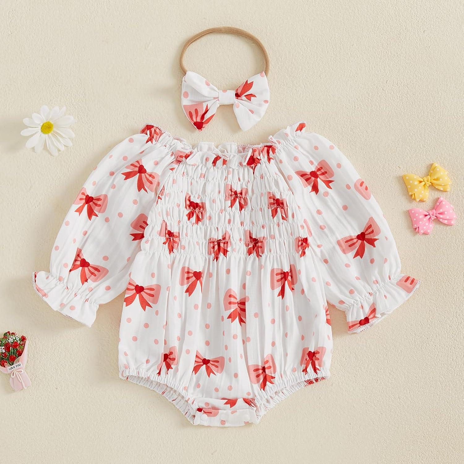 imageKuriozud Baby Girl Valentines Day OutfitsHeart Onesie Long Sleeve Ruffle Romper Bow Headband Newborn Infant ClothesWhite Bow