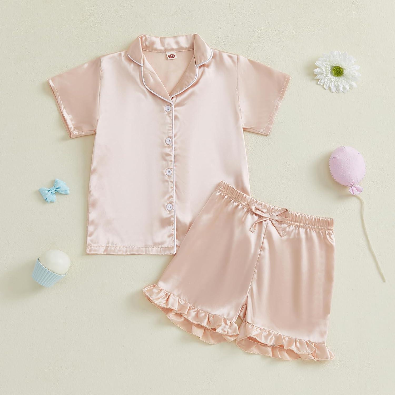 imageKuriozud Toddler Baby Girl Boy 4th of July Satin Pajamas Kids Summer Pjs Set Short Sleeve Button Down Nightwear Sleepwear ePink 45 Years