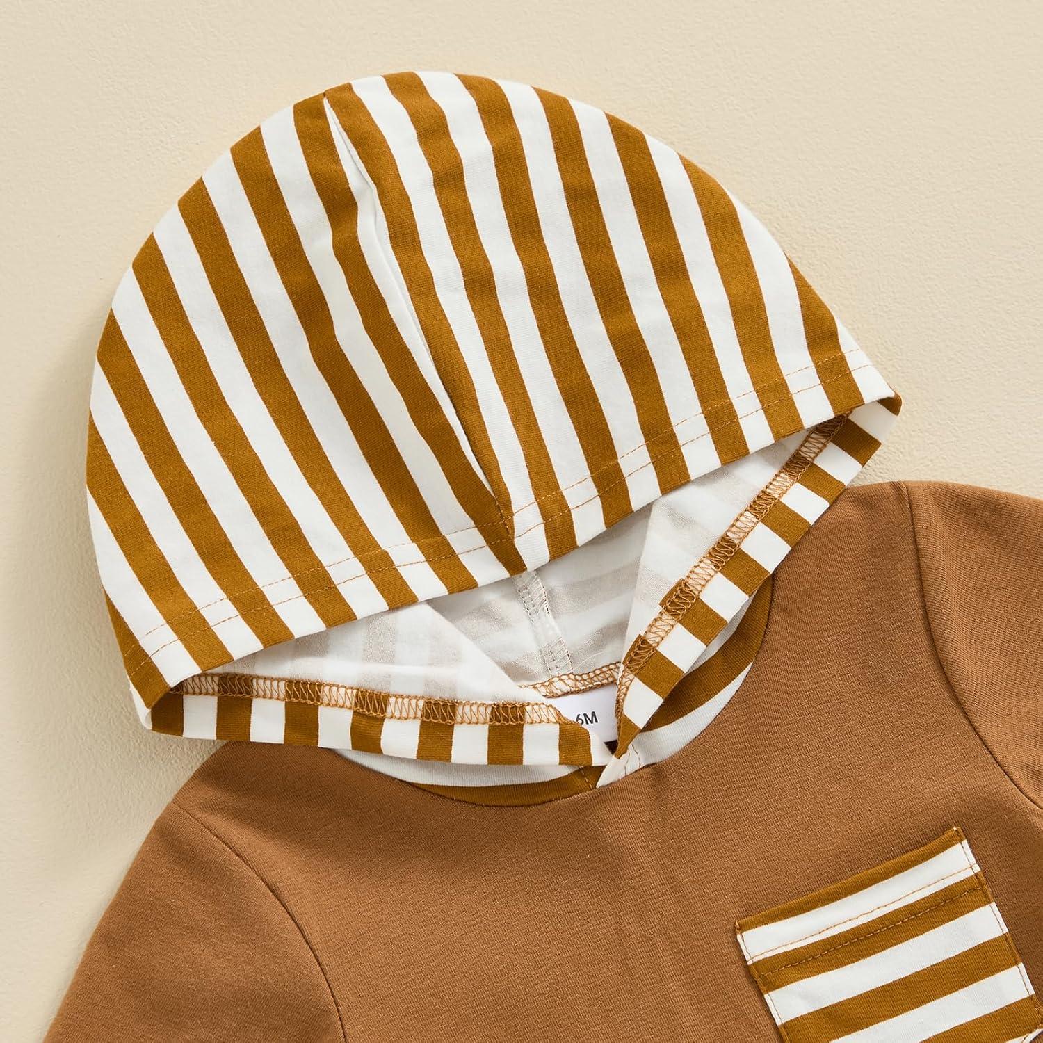 imageKuriozud Toddler Boy Summer Outfit Baby Boy Hooded Short Sleeve T Shirt with Pocket Shorts Set 2 Piece Neutral Baby ClothesStripe Brown