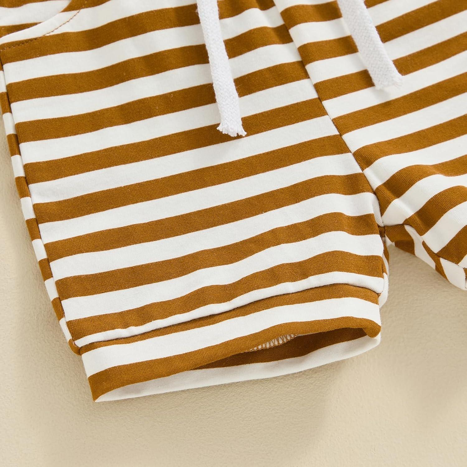 imageKuriozud Toddler Boy Summer Outfit Baby Boy Hooded Short Sleeve T Shirt with Pocket Shorts Set 2 Piece Neutral Baby ClothesStripe Brown