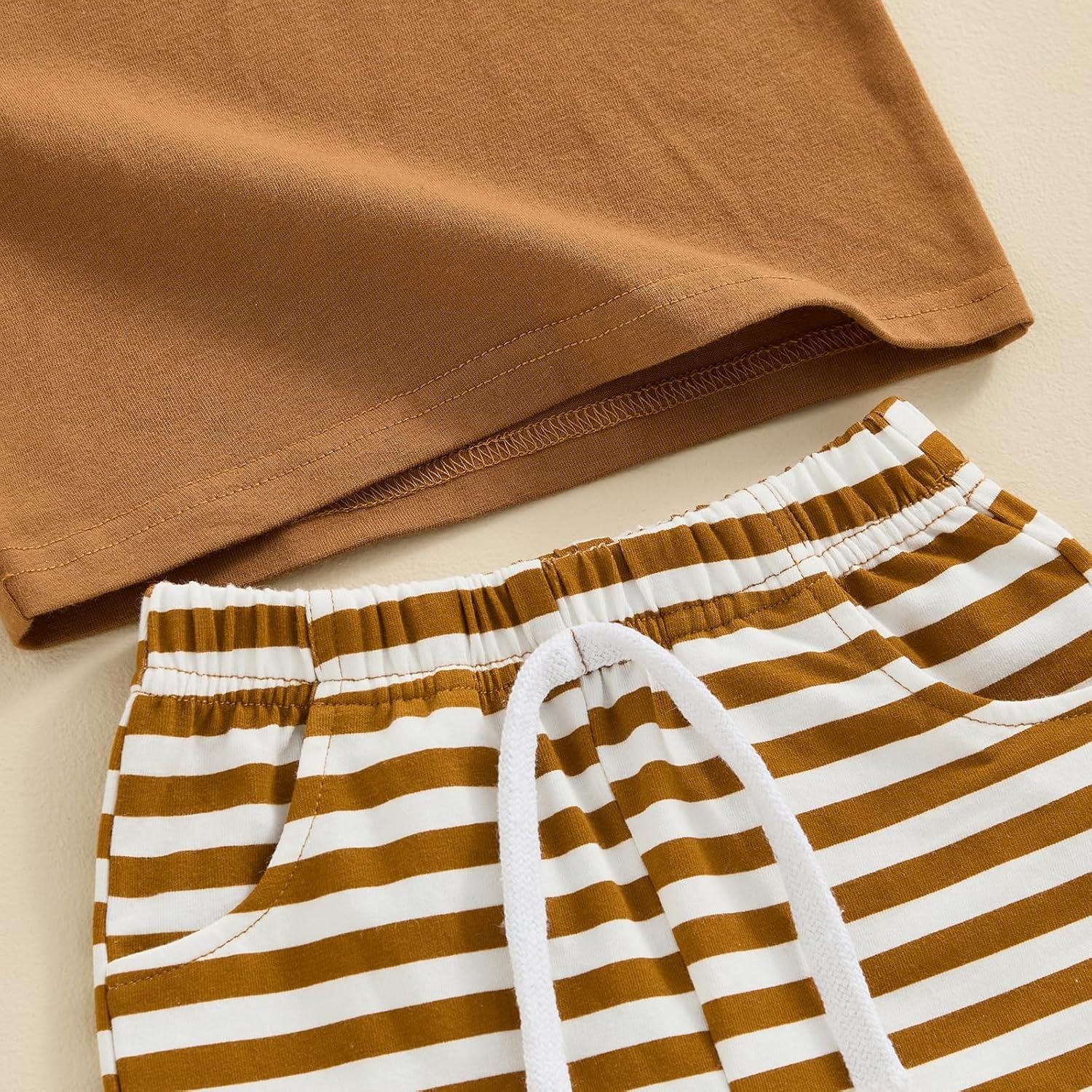 imageKuriozud Toddler Boy Summer Outfit Baby Boy Hooded Short Sleeve T Shirt with Pocket Shorts Set 2 Piece Neutral Baby ClothesStripe Brown