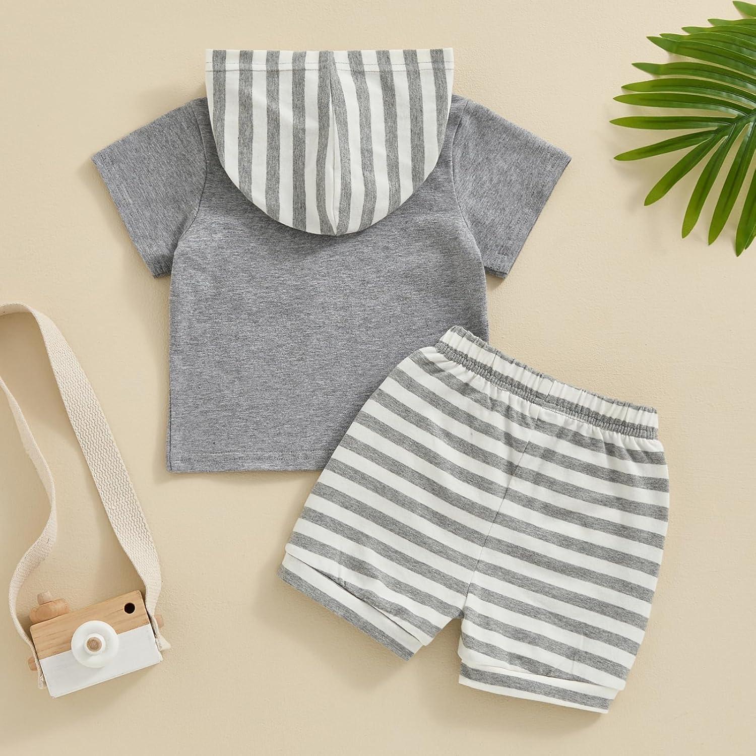 imageKuriozud Toddler Boy Summer Outfit Baby Boy Hooded Short Sleeve T Shirt with Pocket Shorts Set 2 Piece Neutral Baby ClothesStripe Light Grey