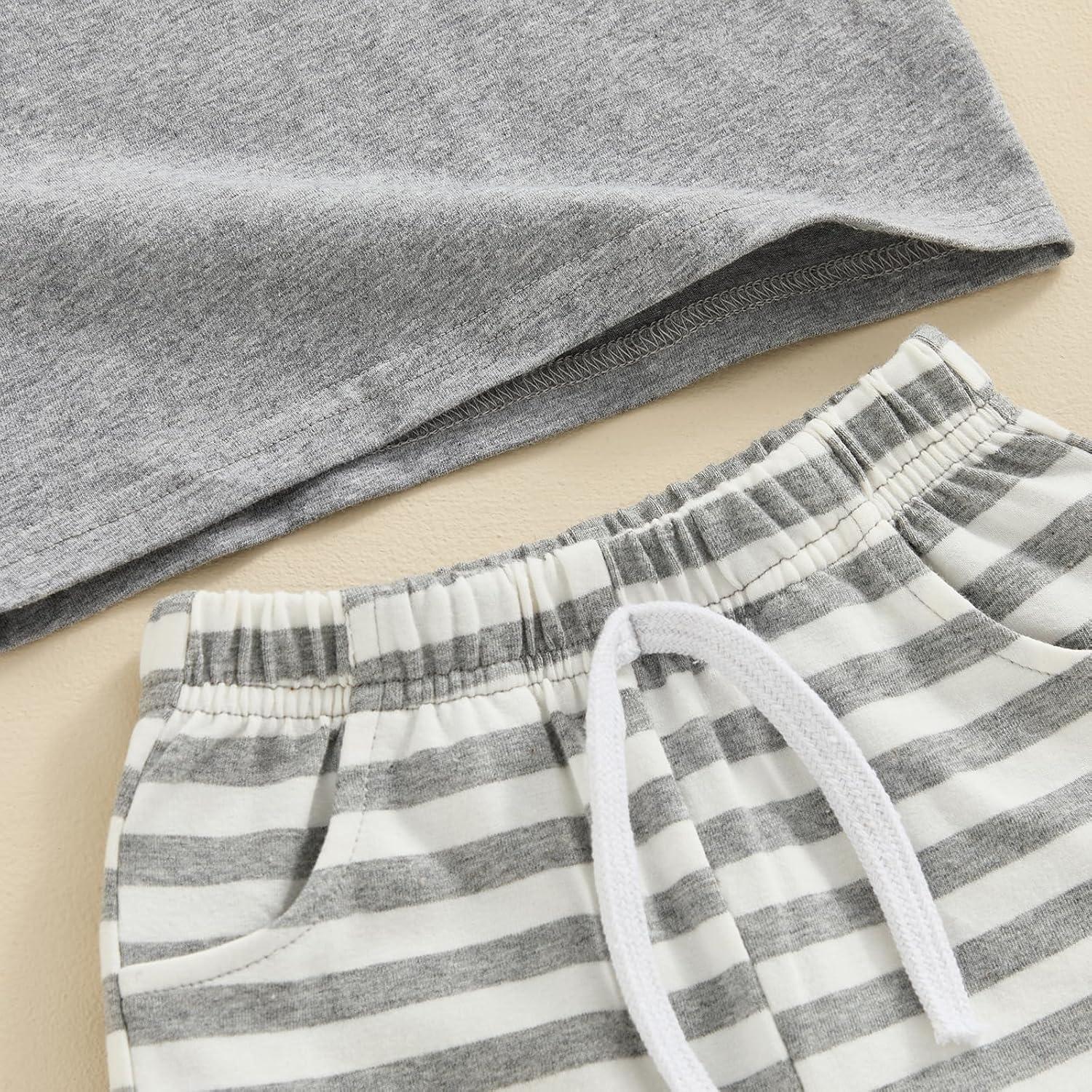imageKuriozud Toddler Boy Summer Outfit Baby Boy Hooded Short Sleeve T Shirt with Pocket Shorts Set 2 Piece Neutral Baby ClothesStripe Light Grey