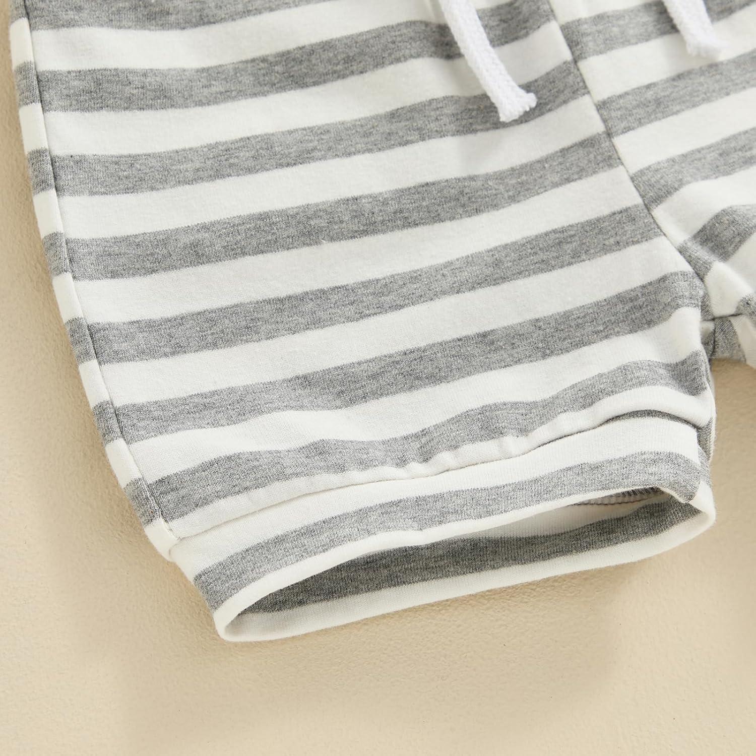 imageKuriozud Toddler Boy Summer Outfit Baby Boy Hooded Short Sleeve T Shirt with Pocket Shorts Set 2 Piece Neutral Baby ClothesStripe Light Grey