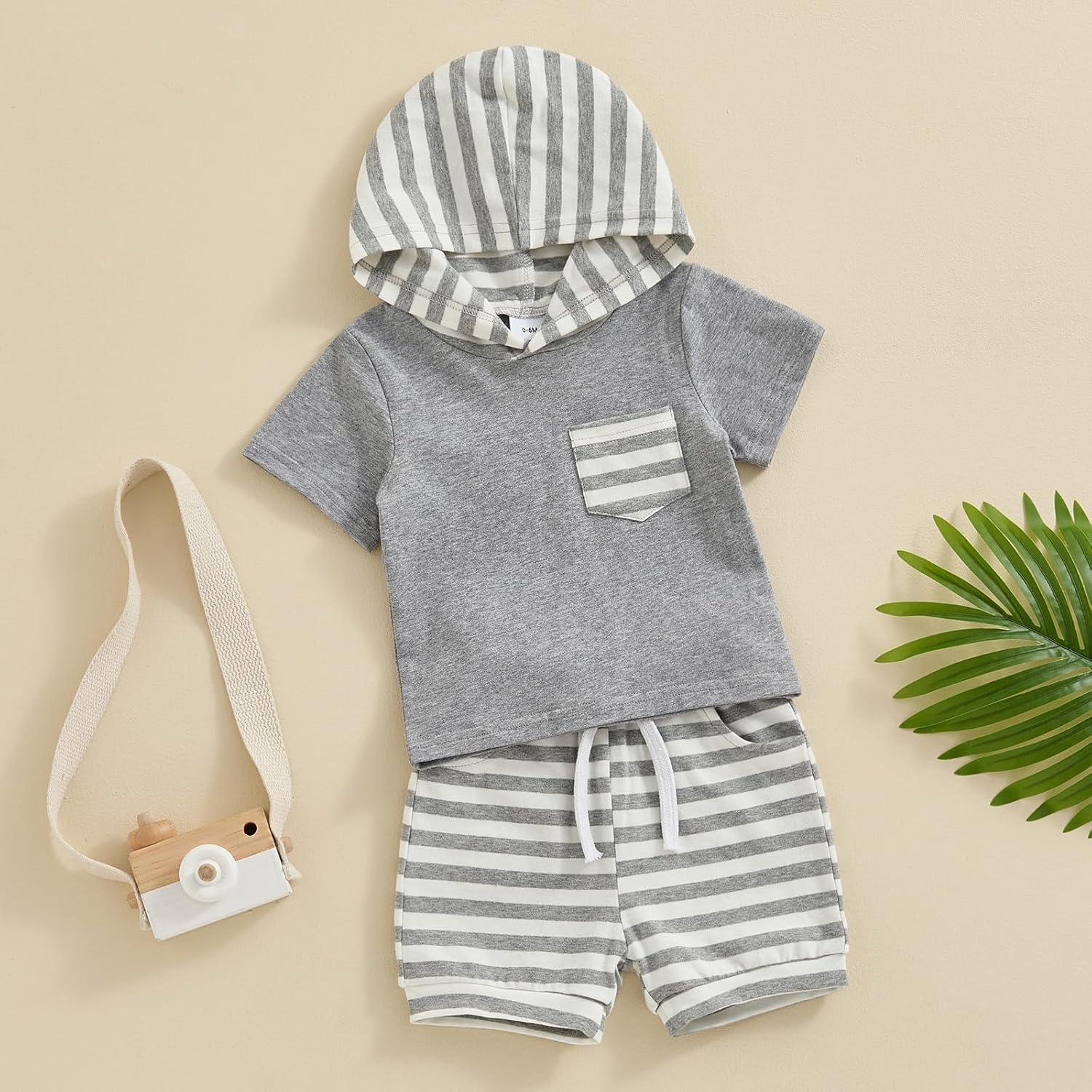 imageKuriozud Toddler Boy Summer Outfit Baby Boy Hooded Short Sleeve T Shirt with Pocket Shorts Set 2 Piece Neutral Baby ClothesStripe Light Grey