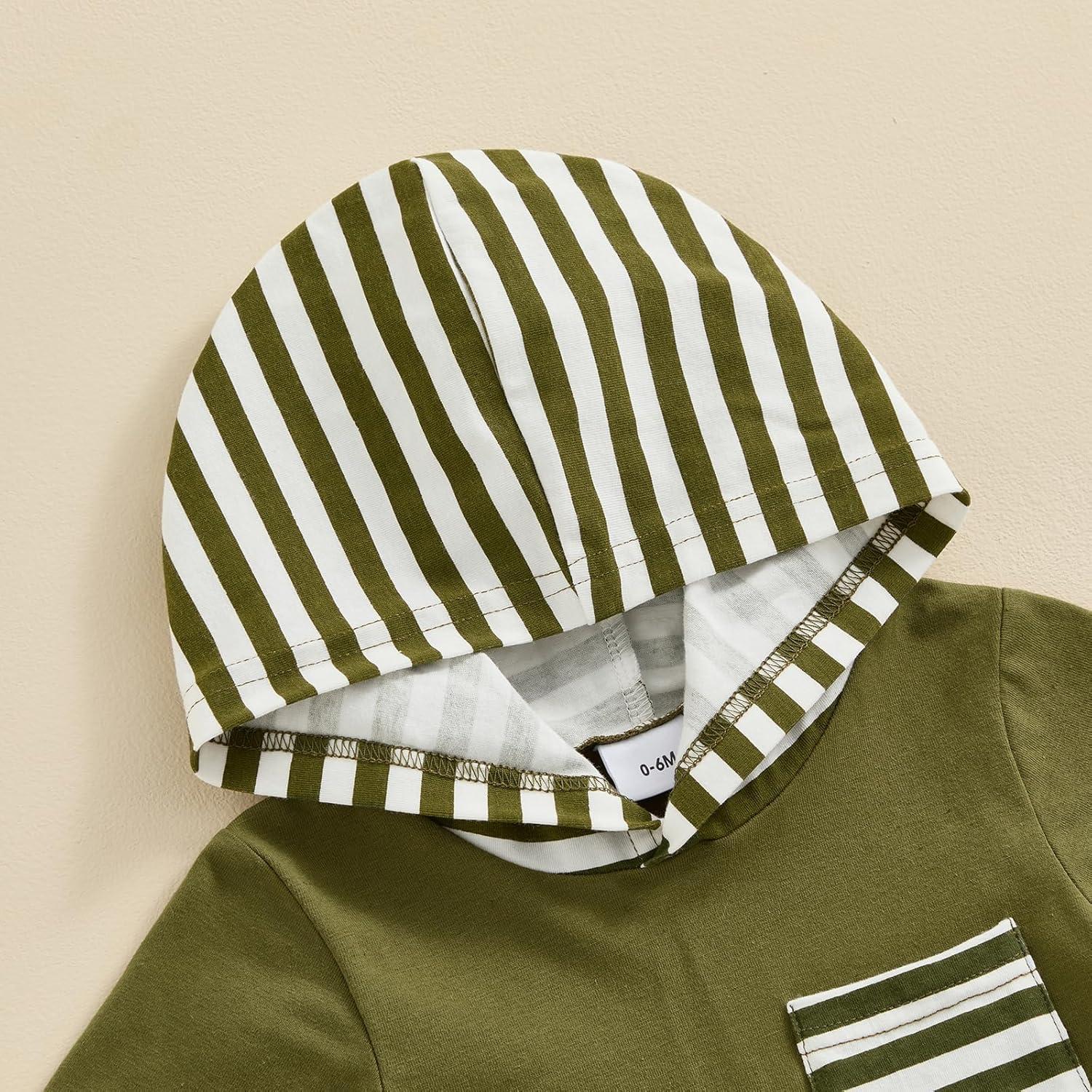 imageKuriozud Toddler Boy Summer Outfit Baby Boy Hooded Short Sleeve T Shirt with Pocket Shorts Set 2 Piece Neutral Baby ClothesStripe Olive Green