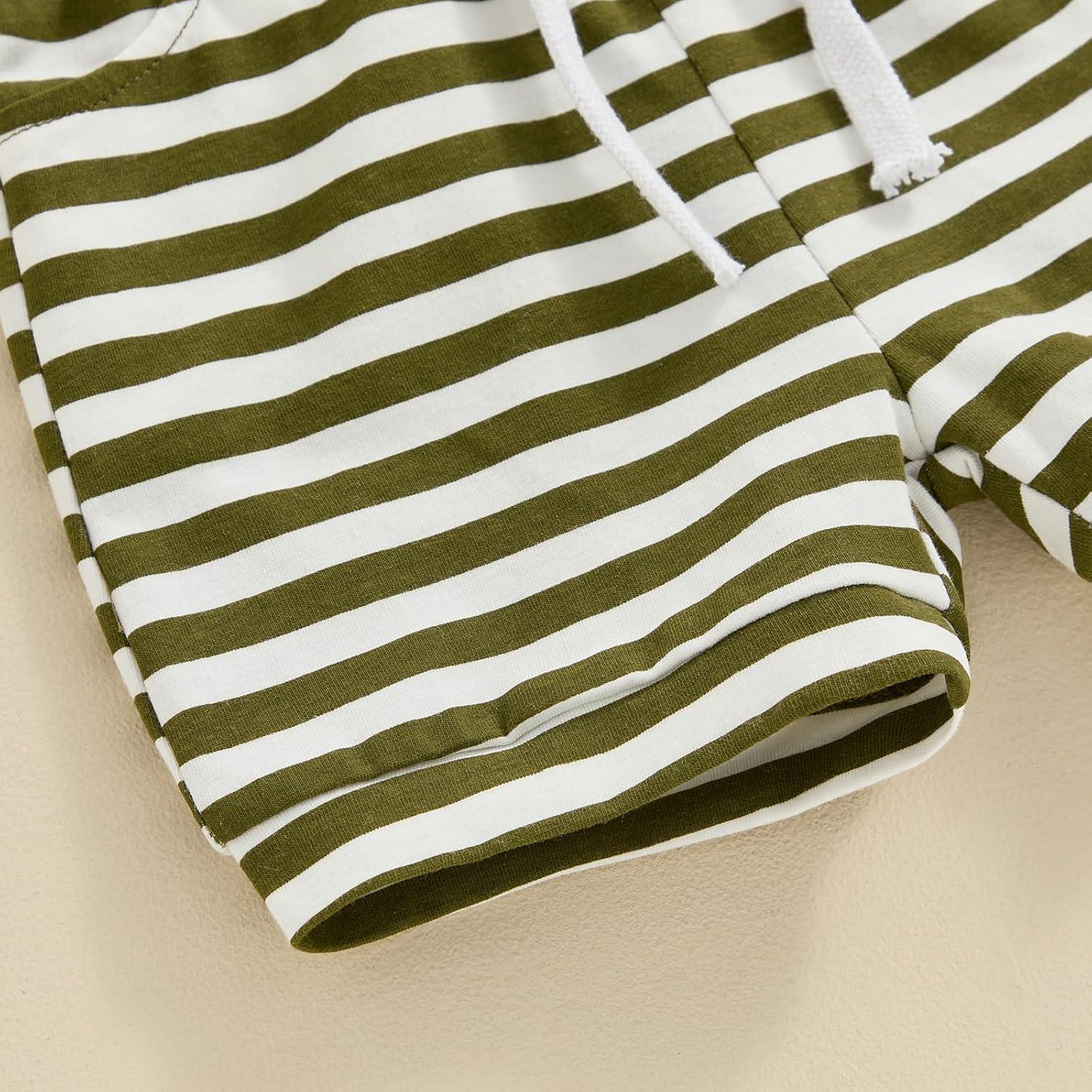 imageKuriozud Toddler Boy Summer Outfit Baby Boy Hooded Short Sleeve T Shirt with Pocket Shorts Set 2 Piece Neutral Baby ClothesStripe Olive Green