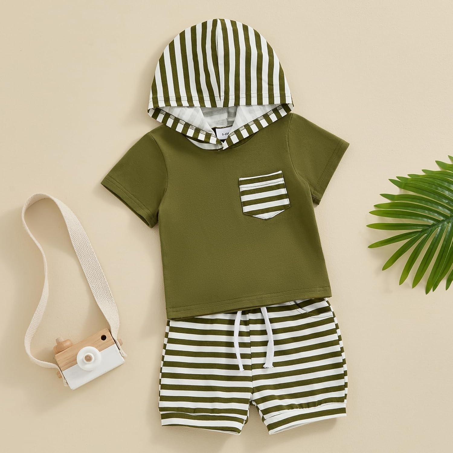 imageKuriozud Toddler Boy Summer Outfit Baby Boy Hooded Short Sleeve T Shirt with Pocket Shorts Set 2 Piece Neutral Baby ClothesStripe Olive Green