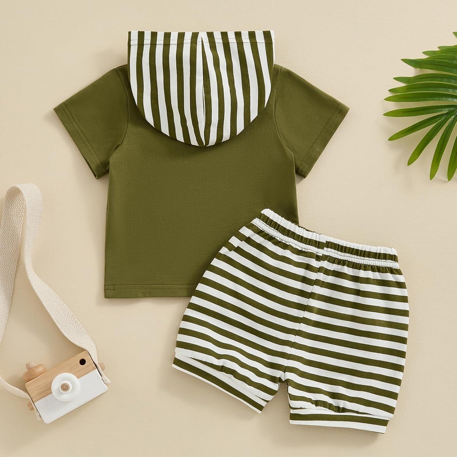 imageKuriozud Toddler Boy Summer Outfit Baby Boy Hooded Short Sleeve T Shirt with Pocket Shorts Set 2 Piece Neutral Baby ClothesStripe Olive Green