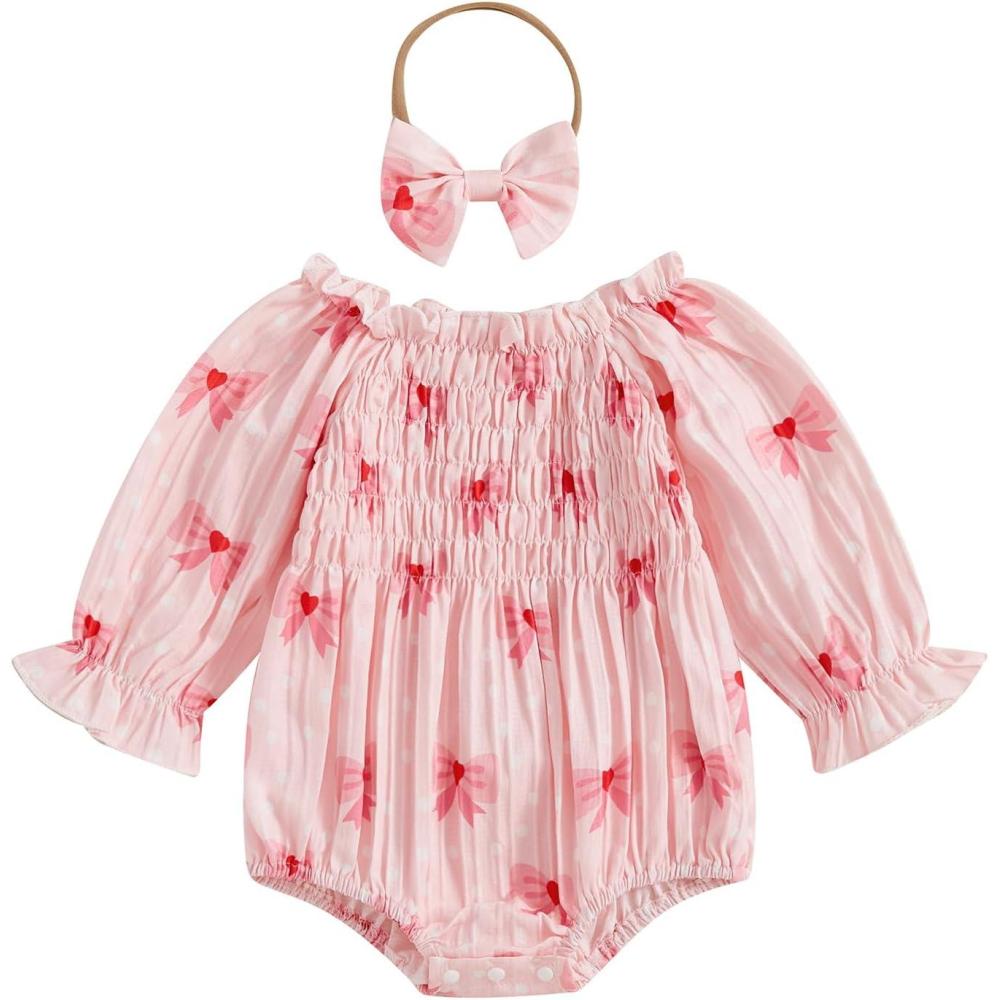 imageKuriozud Baby Girl Valentines Day OutfitsHeart Onesie Long Sleeve Ruffle Romper Bow Headband Newborn Infant ClothesPink Bow