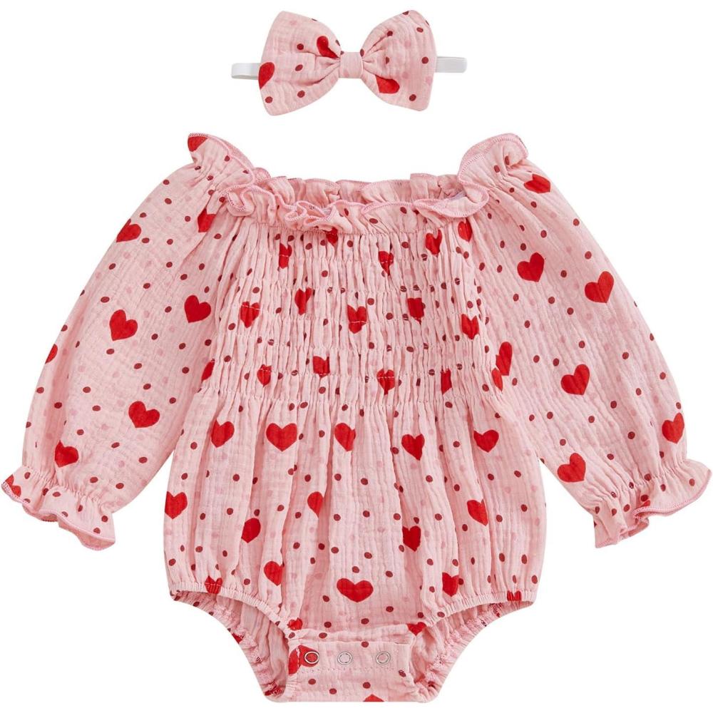 imageKuriozud Baby Girl Valentines Day OutfitsHeart Onesie Long Sleeve Ruffle Romper Bow Headband Newborn Infant ClothesPink Heart