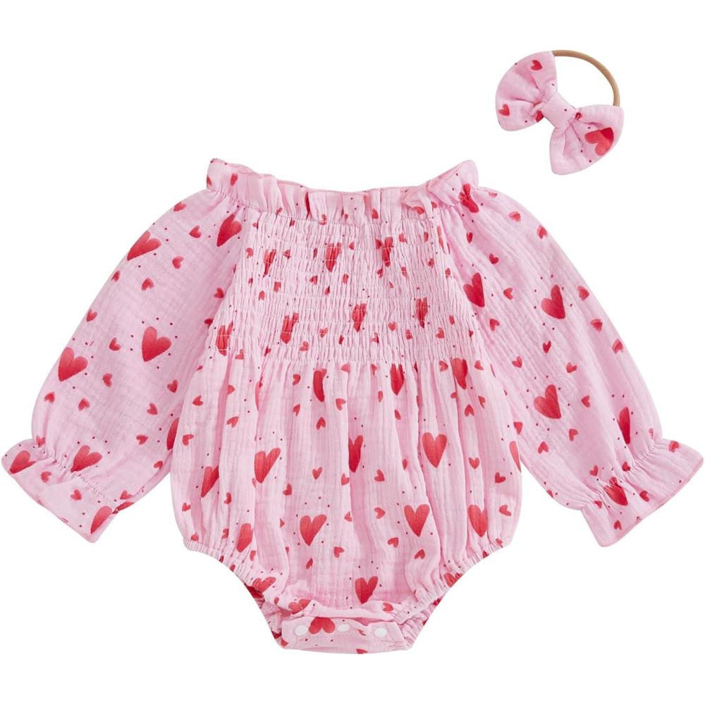 imageKuriozud Baby Girl Valentines Day OutfitsHeart Onesie Long Sleeve Ruffle Romper Bow Headband Newborn Infant ClothesPink Heart Dot