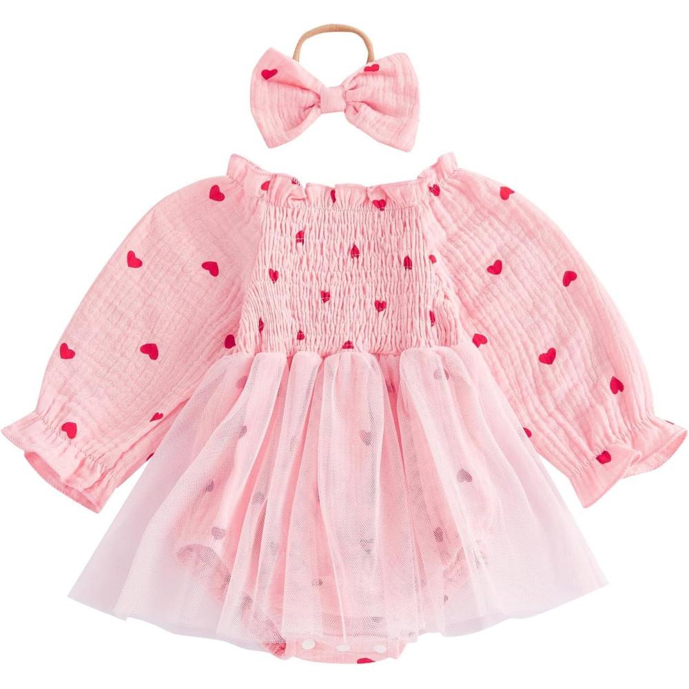 imageKuriozud Baby Girl Valentines Day OutfitsHeart Onesie Long Sleeve Ruffle Romper Bow Headband Newborn Infant ClothesPink Heart Mesh