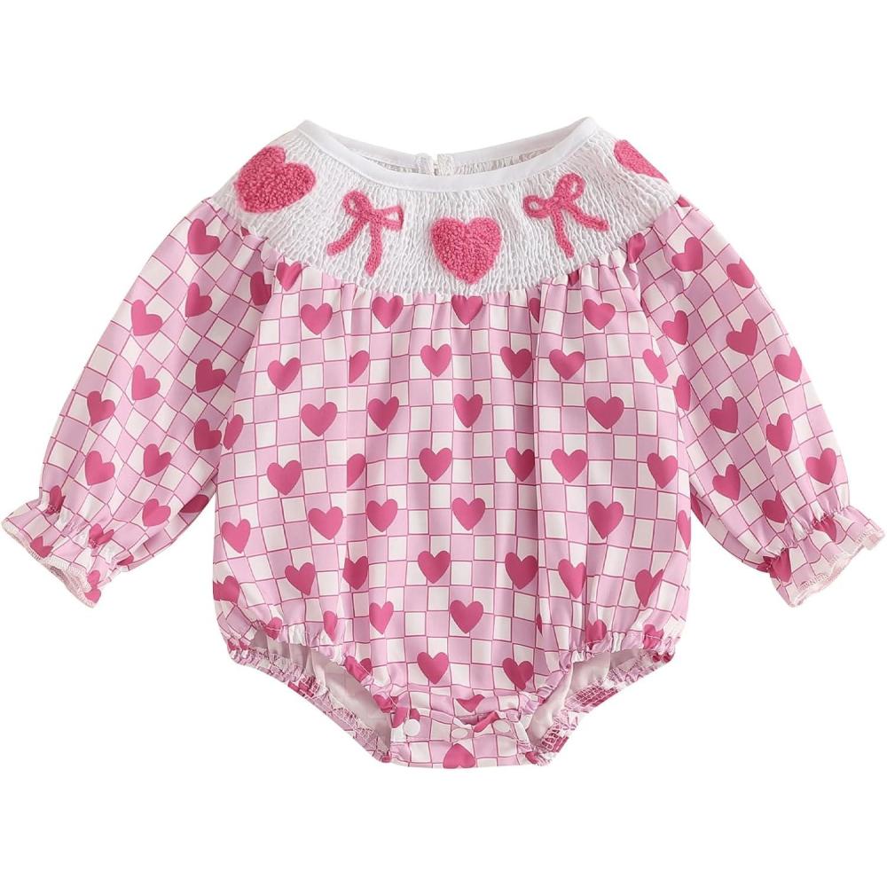imageKuriozud Baby Girl Valentines Day OutfitsHeart Onesie Long Sleeve Ruffle Romper Bow Headband Newborn Infant ClothesPink Smocked Romper Without Headband a