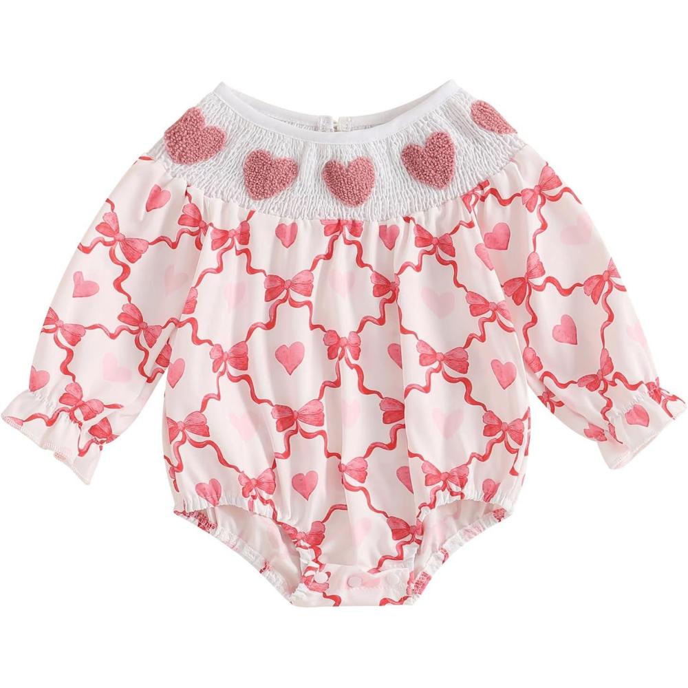 imageKuriozud Baby Girl Valentines Day OutfitsHeart Onesie Long Sleeve Ruffle Romper Bow Headband Newborn Infant ClothesPink Smocked Romper Without Headband