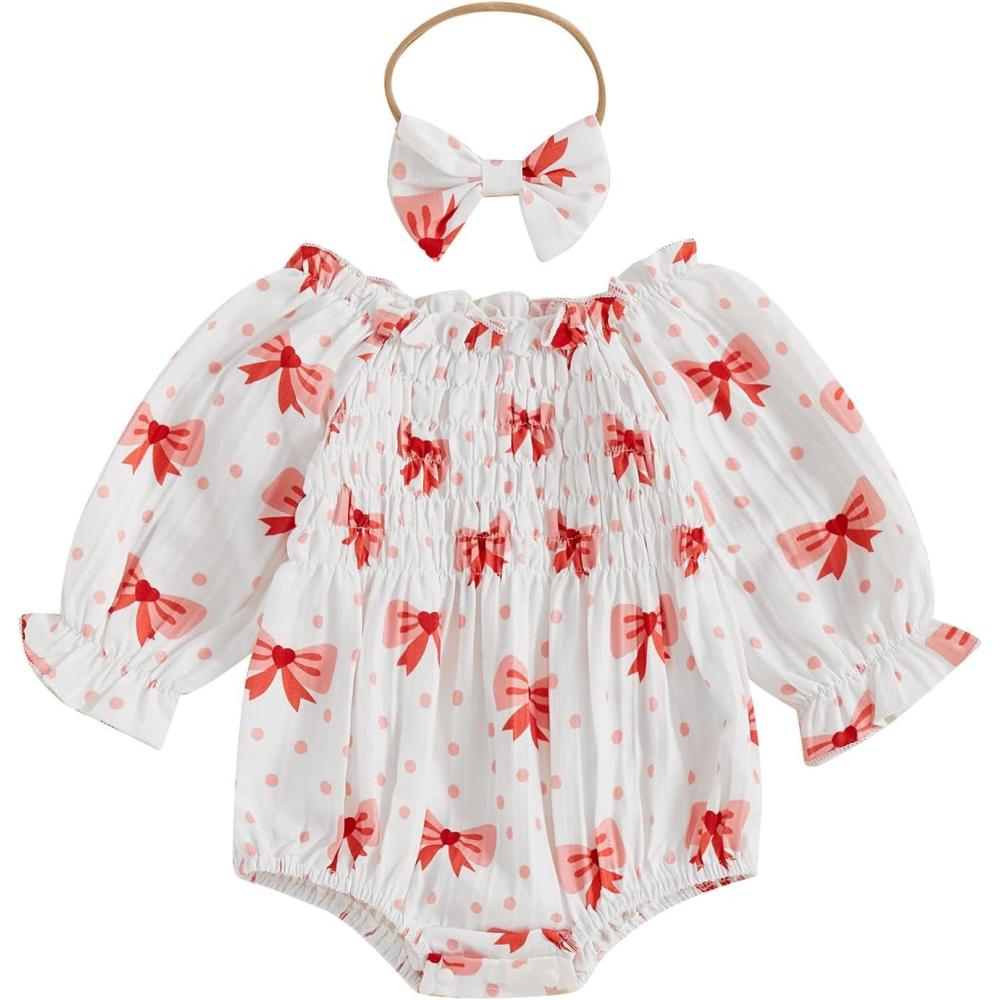 imageKuriozud Baby Girl Valentines Day OutfitsHeart Onesie Long Sleeve Ruffle Romper Bow Headband Newborn Infant ClothesWhite Bow