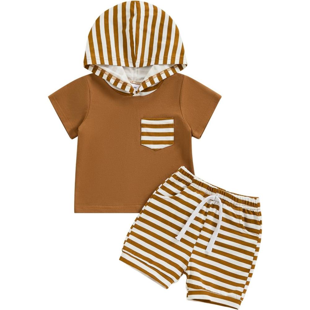 imageKuriozud Toddler Boy Summer Outfit Baby Boy Hooded Short Sleeve T Shirt with Pocket Shorts Set 2 Piece Neutral Baby ClothesStripe Brown