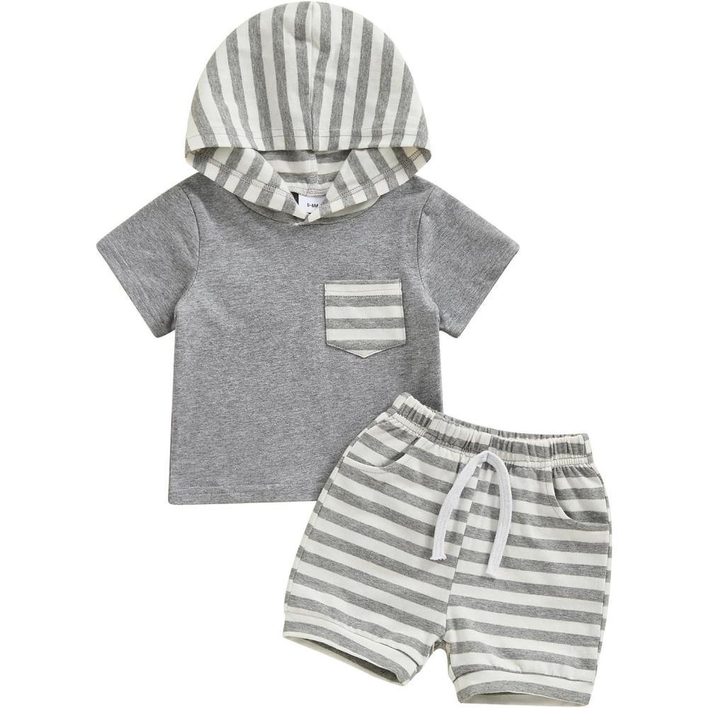 imageKuriozud Toddler Boy Summer Outfit Baby Boy Hooded Short Sleeve T Shirt with Pocket Shorts Set 2 Piece Neutral Baby ClothesStripe Light Grey