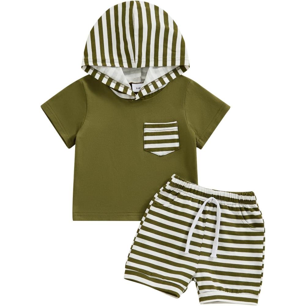 imageKuriozud Toddler Boy Summer Outfit Baby Boy Hooded Short Sleeve T Shirt with Pocket Shorts Set 2 Piece Neutral Baby ClothesStripe Olive Green