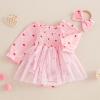 imageKuriozud Baby Girl Valentines Day OutfitsHeart Onesie Long Sleeve Ruffle Romper Bow Headband Newborn Infant ClothesPink Heart Mesh