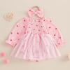 imageKuriozud Baby Girl Valentines Day OutfitsHeart Onesie Long Sleeve Ruffle Romper Bow Headband Newborn Infant ClothesPink Heart Mesh