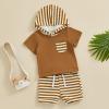 imageKuriozud Toddler Boy Summer Outfit Baby Boy Hooded Short Sleeve T Shirt with Pocket Shorts Set 2 Piece Neutral Baby ClothesStripe Brown