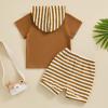 imageKuriozud Toddler Boy Summer Outfit Baby Boy Hooded Short Sleeve T Shirt with Pocket Shorts Set 2 Piece Neutral Baby ClothesStripe Brown