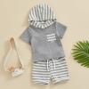 imageKuriozud Toddler Boy Summer Outfit Baby Boy Hooded Short Sleeve T Shirt with Pocket Shorts Set 2 Piece Neutral Baby ClothesStripe Light Grey