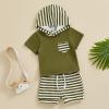 imageKuriozud Toddler Boy Summer Outfit Baby Boy Hooded Short Sleeve T Shirt with Pocket Shorts Set 2 Piece Neutral Baby ClothesStripe Olive Green