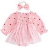 imageKuriozud Baby Girl Valentines Day OutfitsHeart Onesie Long Sleeve Ruffle Romper Bow Headband Newborn Infant ClothesPink Heart Mesh