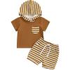 imageKuriozud Toddler Boy Summer Outfit Baby Boy Hooded Short Sleeve T Shirt with Pocket Shorts Set 2 Piece Neutral Baby ClothesStripe Brown