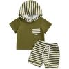 imageKuriozud Toddler Boy Summer Outfit Baby Boy Hooded Short Sleeve T Shirt with Pocket Shorts Set 2 Piece Neutral Baby ClothesStripe Olive Green