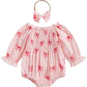 imageKuriozud Baby Girl Valentines Day OutfitsHeart Onesie Long Sleeve Ruffle Romper Bow Headband Newborn Infant ClothesPink Bow