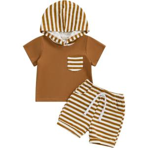 imageKuriozud Toddler Boy Summer Outfit Baby Boy Hooded Short Sleeve T Shirt with Pocket Shorts Set 2 Piece Neutral Baby ClothesStripe Brown