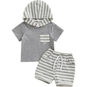 imageKuriozud Toddler Boy Summer Outfit Baby Boy Hooded Short Sleeve T Shirt with Pocket Shorts Set 2 Piece Neutral Baby ClothesStripe Light Grey
