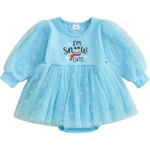 imageKuriozud Baby Christmas Outfits Dress Girl Long Sleeve Bubble Romper My First Christmas Onesie Clothes Fall Winter ClothingBlue Snowman