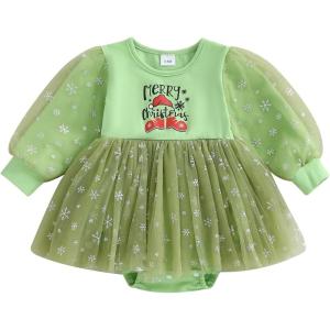 imageKuriozud Baby Christmas Outfits Dress Girl Long Sleeve Bubble Romper My First Christmas Onesie Clothes Fall Winter ClothingGreen Merry Christmas